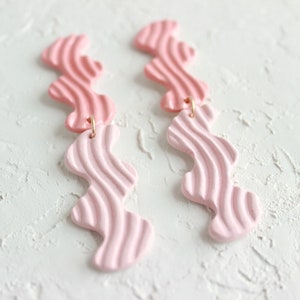 Valentine's Day Pink Dangle Earrings, Long Statement Earrings, Modern Ceramic Earrings, Geometric Clay Earrings, Two Tone Jewelry image 2