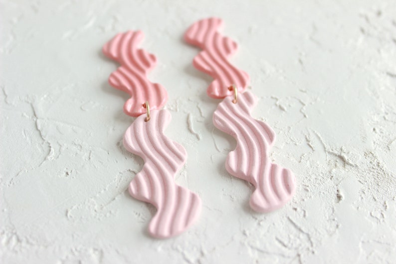 Valentine's Day Pink Dangle Earrings, Long Statement Earrings, Modern Ceramic Earrings, Geometric Clay Earrings, Two Tone Jewelry image 2