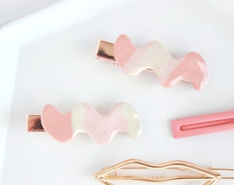 Pink Squiggle Hair Clip Set, Valentine's Day Gift, Colorful Abstract Clay Barrette, Rose Gold Alligator Clip for Thin Hair, Ceramic Hair Pin