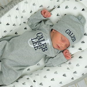 Personalized Baby Boy Coming Home Outfit: Monogrammed Footie Set, Hat & Blanket