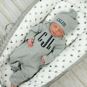 Baby boy coming home outfit, newborn boy outfit, monogrammed footie, baby shower gift, newborn photos, gray romper image 3