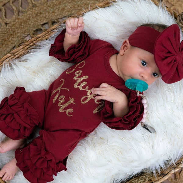 Baby Mädchen Coming Home Outfit Mädchen Kleid Baby Mädchen Kleid Baby Shower Geschenk Maroon Rot Neugeborenen Strampler Icing Romper Rüschen