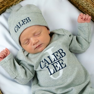 Baby boy coming home outfit, newborn boy outfit, monogrammed footie, baby shower gift, newborn photos, gray romper