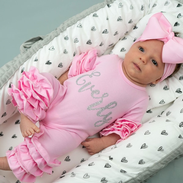 Conjunto de niña que vuelve a casa, mono de niña, mono de niña, regalo para baby shower, mono rosa para recién nacida, regalo para baby shower, mono rosa con volantes