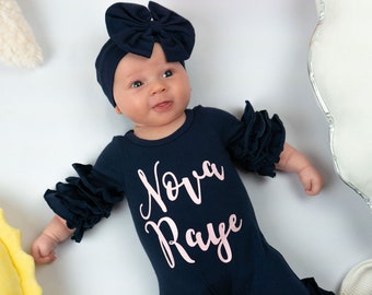 Personalized Newborn Girl Coming Home Outfit Girl Gown Baby Girl Gown Baby Shower Gift Navy Blue Newborn Romper Icing Romper Ruffle