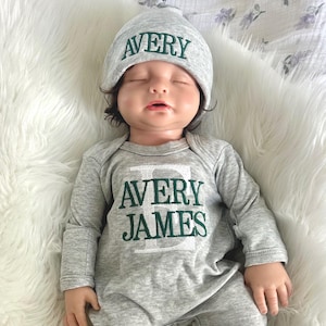 Newborn Baby Boy Coming Home Outfit: Monogrammed Gray Footie Romper