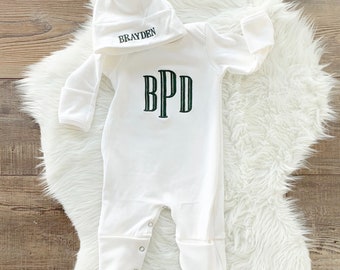 Baby boy coming home outfit, newborn coming home outfit, newborn boy outfit, monogrammed footie, baby shower gift, newborn photos,