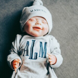 Monogrammed Baby Boy Coming Home Outfit: Personalized Gray Cotton Footie