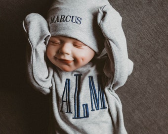 Baby boy coming home outfit, newborn boy outfit, monogrammed footie, baby shower gift, newborn photos, gray romper