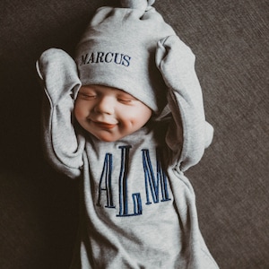 Baby boy coming home outfit, newborn boy outfit, monogrammed footie, baby shower gift, newborn photos, gray romper image 1