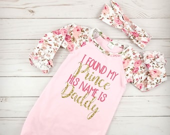 Personalized Newborn Girl Coming Home Outfit Girl Gown Baby Girl Gown Baby Shower Gift Floral Pink Newborn Gown I found my prince outfit