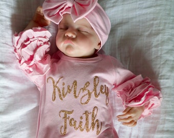 Personalized Newborn Girl Coming Home Outfit Girl Gown Baby Girl Gown Baby Shower Gift Pink Newborn Romper Icing Romper Ruffle