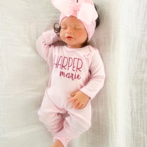Personalized Pink Newborn Romper • Baby Girl Coming Home Outfit with Name • Monogrammed Hospital & Baby Shower Gift