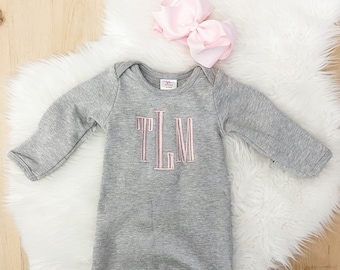 Embroidered Personalized Newborn Girl Coming Home Outfit Baby Girl Gown Baby Shower Gift Gray and Pink Newborn Romper Romper