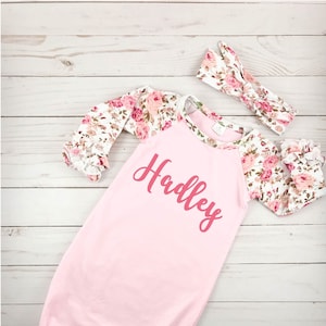 Personalized Newborn Girl Coming Home Outfit Girl Gown Baby Girl Gown Baby Shower Gift Floral Pink Newborn Gown