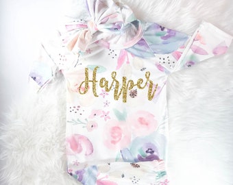 Personalized Newborn Girl Coming Home Outfit Girl Gown Baby Girl Gown Baby Shower Gift Watercolor Floral Newborn Gown