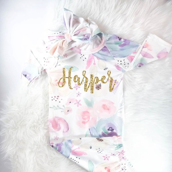 Personalized Newborn Gown: Watercolor Floral Baby Girl Outfit