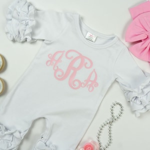 Personalized Newborn Girl Coming Home Outfit Girl Gown Baby Girl Gown Baby Shower Gift White and Pink Newborn Romper Icing Romper Ruffle