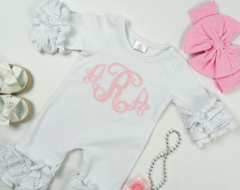 Personalized Newborn Girl Coming Home Outfit Girl Gown Baby Girl Gown Baby Shower Gift White and Pink Newborn Romper Icing Romper Ruffle