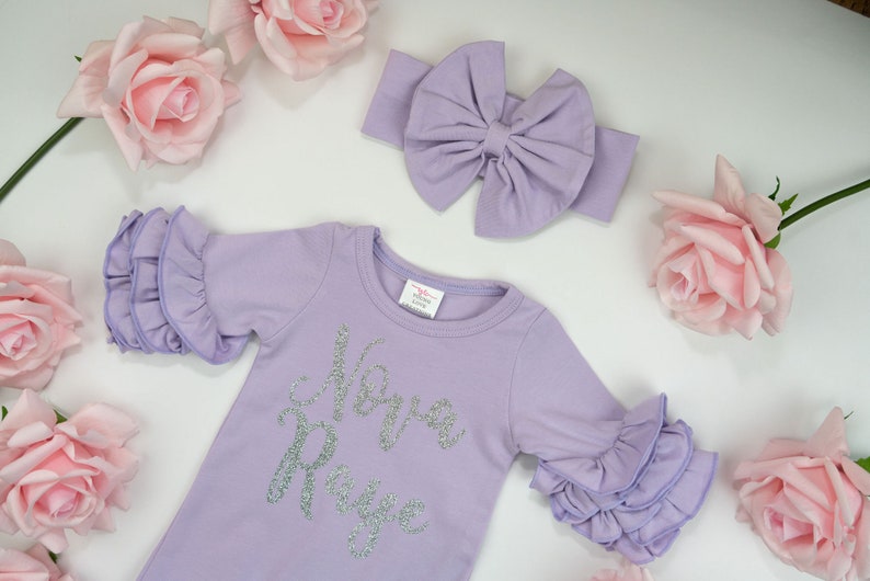 Baby Girl Coming Home Outfit, Newborn Girl Gown, Baby Girl Gown, Baby Shower Gift, Purple Newborn Romper, Lavender romper image 6