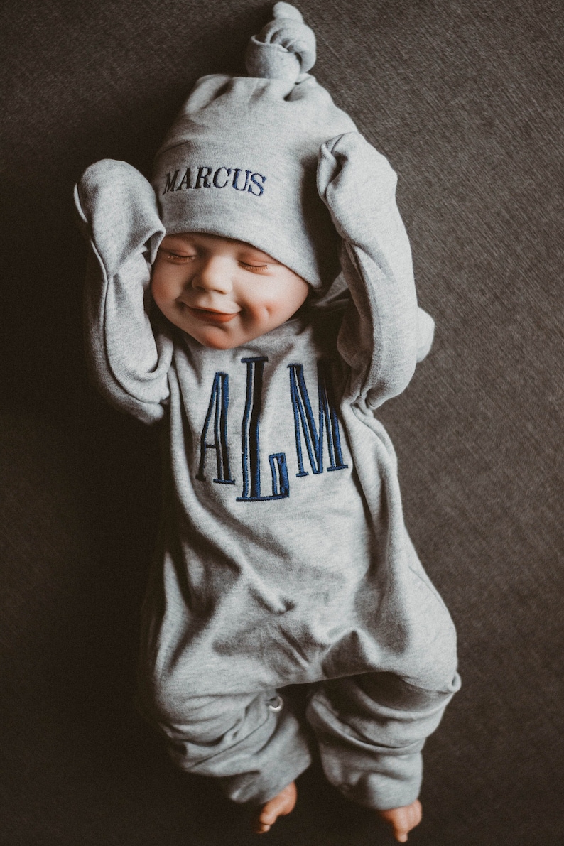 Baby boy coming home outfit, newborn boy outfit, monogrammed footie, baby shower gift, newborn photos, gray romper image 1