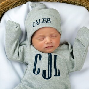 Baby boy coming home outfit, newborn boy outfit, monogrammed footie, baby shower gift, newborn photos, gray romper image 5