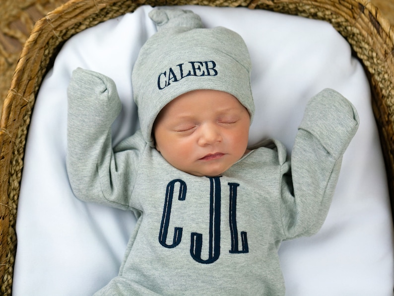 Baby boy coming home outfit, newborn boy outfit, monogrammed footie, baby shower gift, newborn photos, gray romper image 5