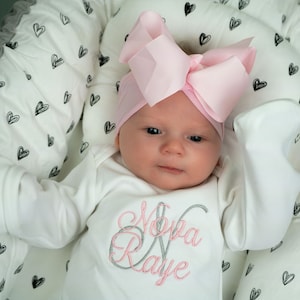 Baby girl coming home outfit, newborn coming home outfit, newborn girl outfit, monogrammed footie, baby shower gift, newborn photos, pink