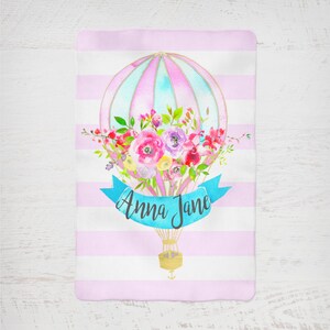Cobertor personalizado para bebês, balão de ar quente em aquarela, floral, rosa, recém-nascido, cobertor para chá de bebê, presente, cobertor floral para meninas