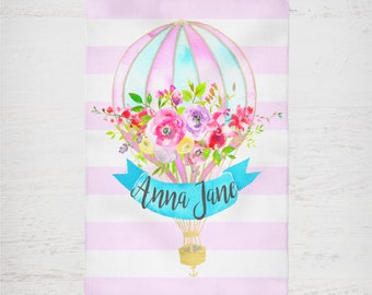 Personalized Baby Blanket Watercolor Hot Air Balloon Floral Pink Newborn Baby Blanket Baby Shower Gift Name Blanket Floral Baby Girl Blanket
