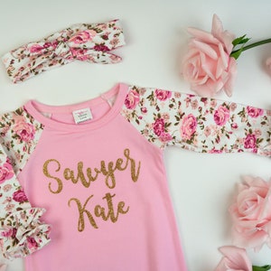 Personalized Newborn Girl Coming Home Outfit Girl Gown Baby Girl Gown Baby Shower Gift Floral Pink Newborn Gown