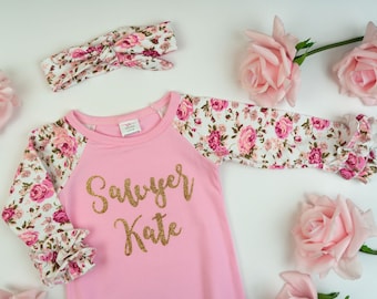 Personalized Newborn Girl Coming Home Outfit Girl Gown Baby Girl Gown Baby Shower Gift Floral Pink Newborn Gown