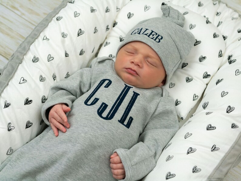 Baby boy coming home outfit, newborn boy outfit, monogrammed footie, baby shower gift, newborn photos, gray romper image 4