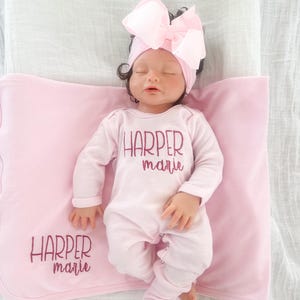 Personalized Pink Newborn Romper Baby Girl Coming Home Outfit Monogrammed Baby Shower Gift Hospital Outfit