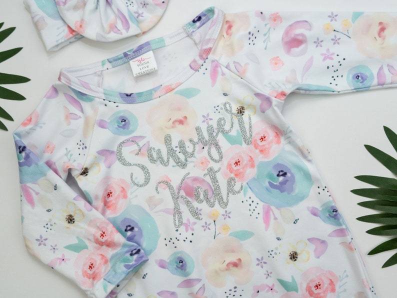 Baby Girl Coming Home Outfit, Newborn Girl Gown, Baby Girl Gown, Baby Shower Gift, Watercolor Floral Newborn Gown image 9