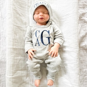 Monogrammed Baby Boy Coming Home Outfit: Gray Romper & Footie
