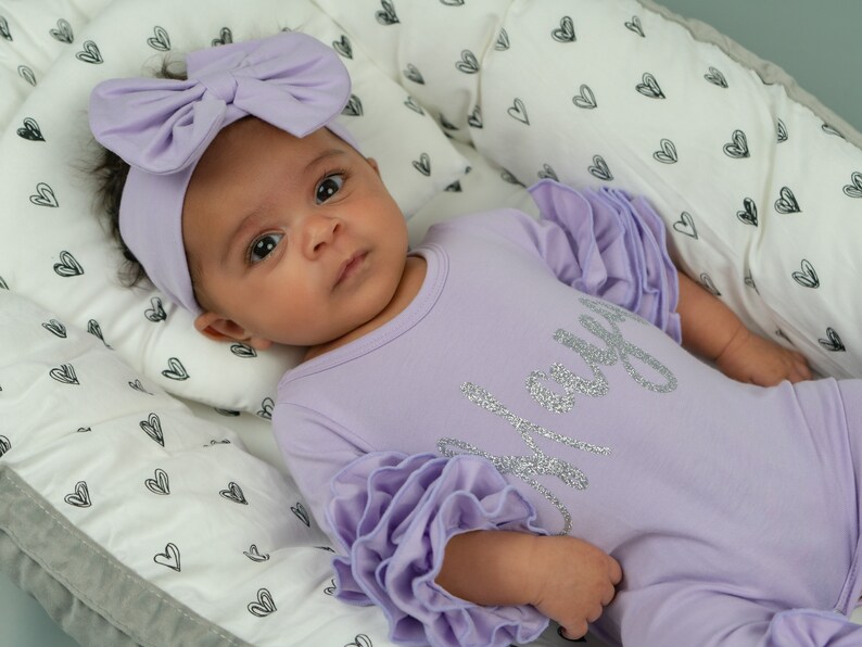 Baby Girl Coming Home Outfit, Newborn Girl Gown, Baby Girl Gown, Baby Shower Gift, Purple Newborn Romper, Lavender romper image 3