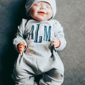 Baby boy coming home outfit, newborn boy outfit, monogrammed footie, baby shower gift, newborn photos, gray romper image 2