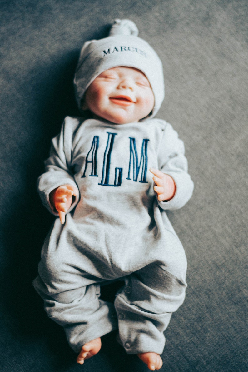 Baby boy coming home outfit, newborn boy outfit, monogrammed footie, baby shower gift, newborn photos, gray romper image 2