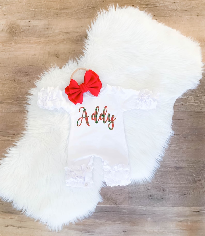 Personalized Newborn Girl Coming Home Outfit Christmas Plaid Outfit Baby's 1st Christmas Newborn Romper Icing Romper Christmas Baby Outfit 