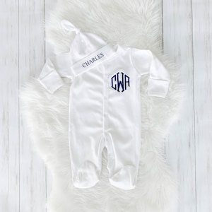 Baby boy coming home outfit, newborn coming home outfit, newborn boy outfit, monogrammed footie, baby shower gift, newborn photos, blue boy