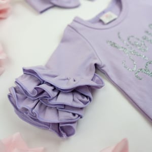 Baby Girl Coming Home Outfit, Newborn Girl Gown, Baby Girl Gown, Baby Shower Gift, Purple Newborn Romper, Lavender romper image 7