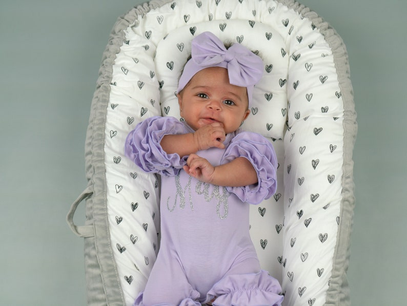 Baby Girl Coming Home Outfit, Newborn Girl Gown, Baby Girl Gown, Baby Shower Gift, Purple Newborn Romper, Lavender romper image 10