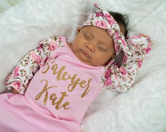 Personalized Newborn Girl Coming Home Outfit Girl Gown Baby Girl Gown Baby Shower Gift Floral Pink Newborn Gown