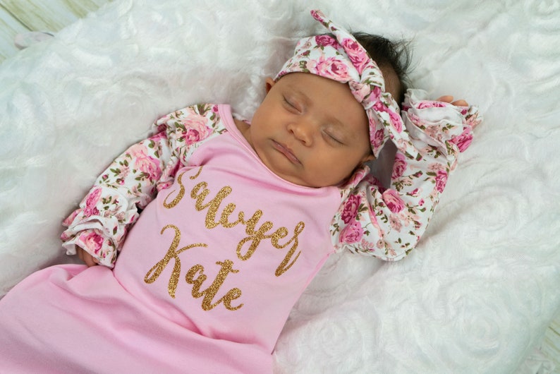 Personalized Newborn Girl Coming Home Outfit Girl Gown Baby Girl Gown Baby Shower Gift Floral Pink Newborn Gown 