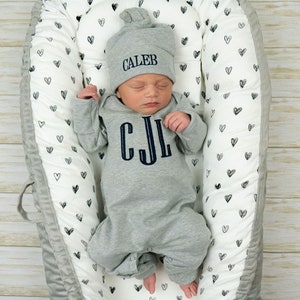 Baby boy coming home outfit, newborn boy outfit, monogrammed footie, baby shower gift, newborn photos, gray romper image 7