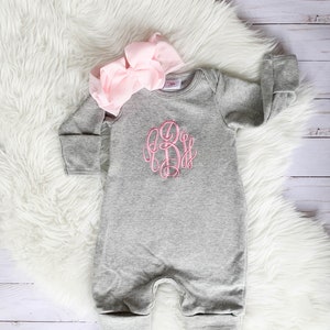 Embroidered Personalized Newborn Girl Coming Home Outfit Baby Girl Gown Baby Shower Gift Gray and Pink Newborn Romper Romper Ruffle