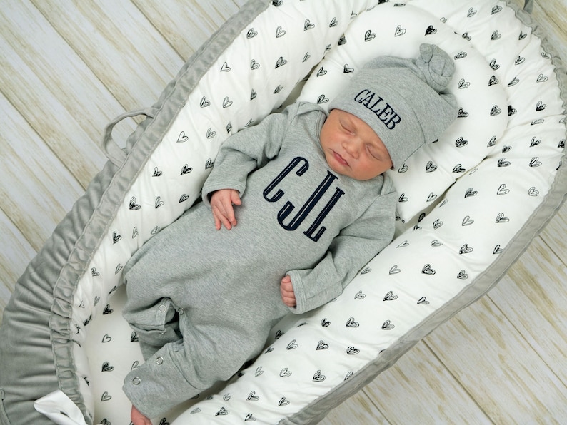 Baby boy coming home outfit, newborn boy outfit, monogrammed footie, baby shower gift, newborn photos, gray romper image 3