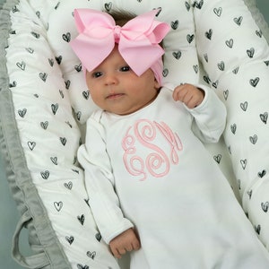 Baby girl coming home outfit, newborn coming home outfit, newborn girl outfit, monogrammed footie, baby shower gift, newborn photos, pink