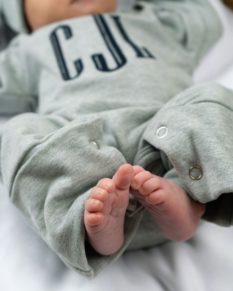 Baby boy coming home outfit, newborn boy outfit, monogrammed footie, baby shower gift, newborn photos, gray romper image 6